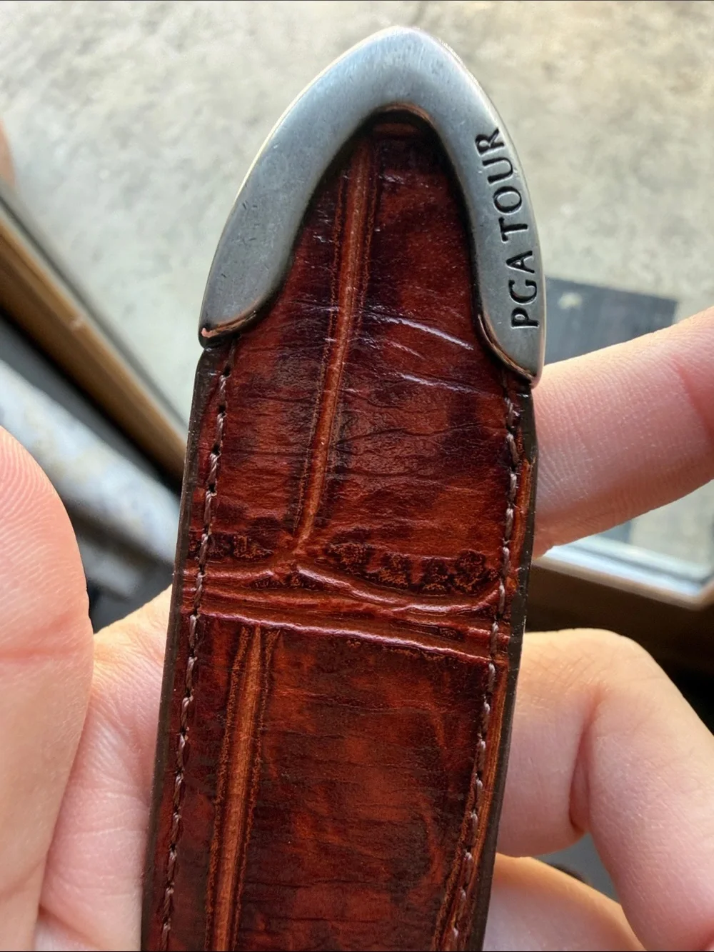PGA TOUR Brown Leather Men's Belt Brown Silvertone Buckle Size 50